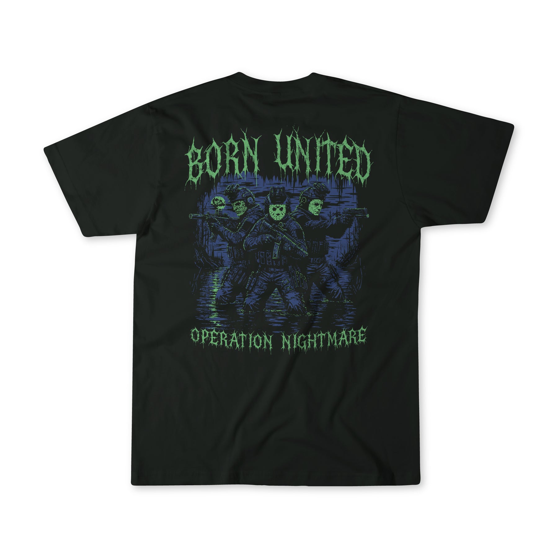 Operation Nightmare - Glow in the Dark by Born United Private Label: Black premium cotton tee with striking masked figures and haunting back print that glows in the dark.