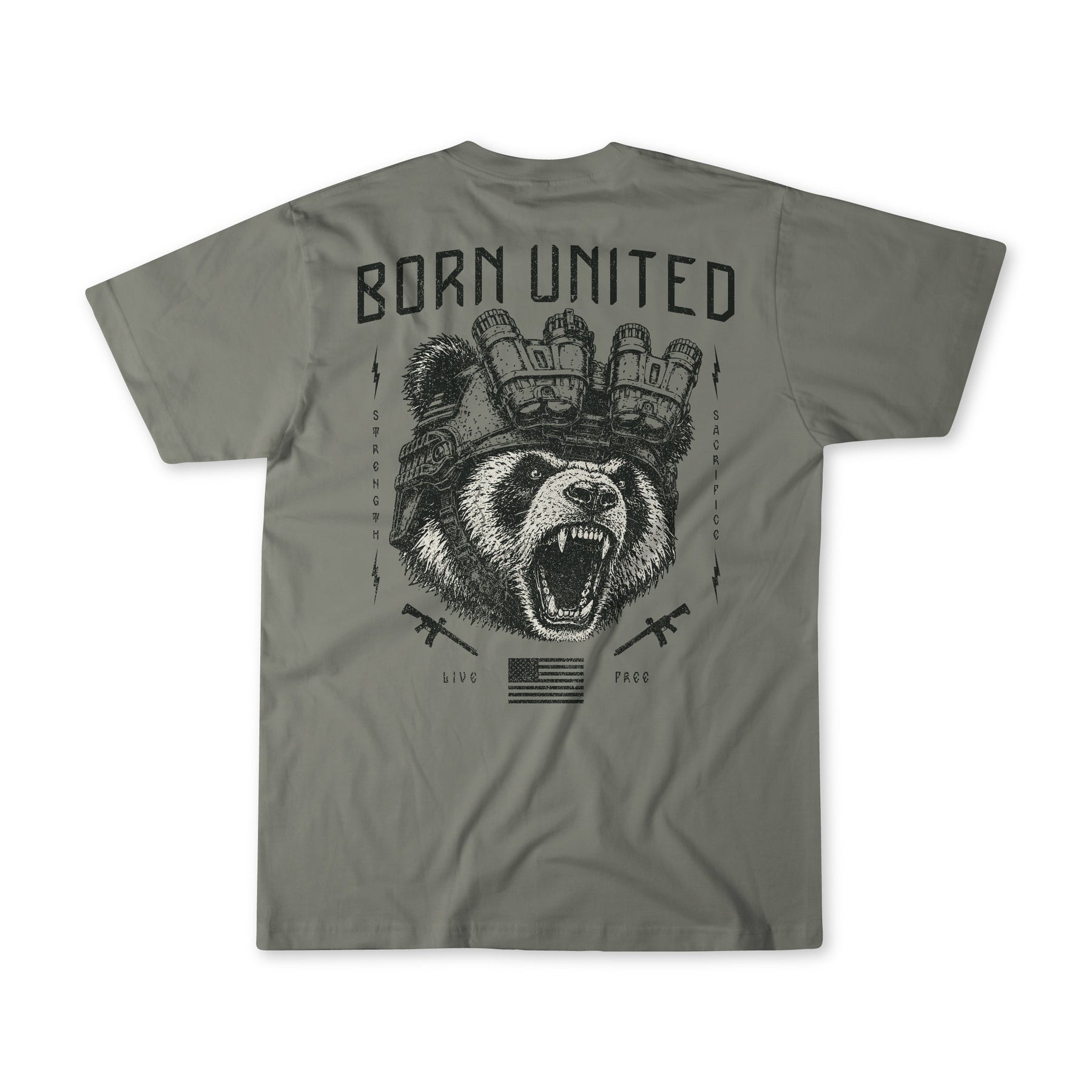 The Pandamonium by Born United Private Label features a roaring bear in a helmet, rifles, an American flag, and the text “Born United, Live Free, Peace Through Strength.”.