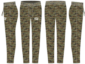 Four views of Men’s Classic Premium Joggers | Snipes & Stripes by Tango Charlie Apparel, featuring green/brown camo with black rifle silhouettes and a white left thigh logo. Quick-drying fabric, elastic waistband with drawstrings; perfect for running or lounging.