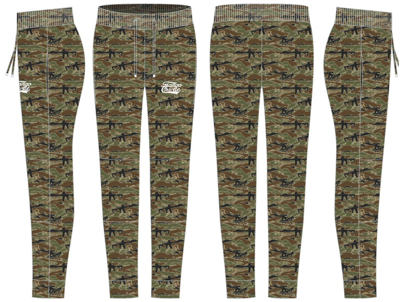 Four views of Men’s Classic Premium Joggers | Snipes & Stripes by Tango Charlie Apparel, featuring green/brown camo with black rifle silhouettes and a white left thigh logo. Quick-drying fabric, elastic waistband with drawstrings; perfect for running or lounging.
