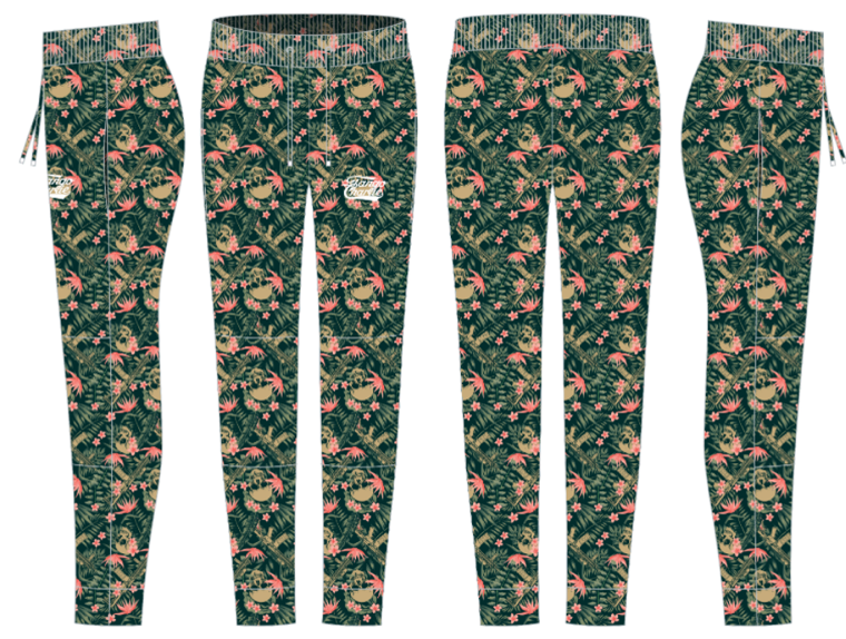 Four pairs of Tango Charlie Apparel Men’s Classic Premium Joggers (Aloha AR) with tropical crab and palm leaf prints in green, pink, and tan—quick-drying fabric, drawstring waistband, front/back views shown. Perfect for running or lounging.
