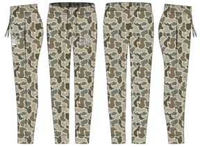 Four views of Mucker Bucket's Men's Classic Premium Joggers in Duck Camo show quick-dry fabric, an adjustable drawstring waist, and "MUGALI SQUAD" text in white on the left thigh—perfect comfort for running.