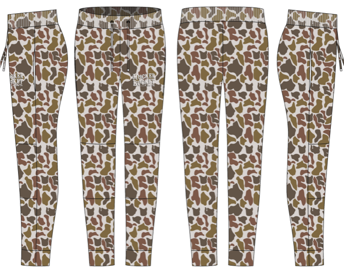 Four pairs of Mucker Bucket Men's Classic Premium Joggers in Old School Duck Camo are shown front and back. Made with quick-drying fabric, they feature a small white MUGGER BLOOD logo on the left thigh—perfect for running in comfort.