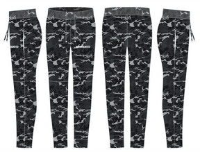 Four views of Born United Private Label Men's Classic Premium Joggers in gunmetal camo, featuring quick-dry fabric, white drawstrings, zipper pockets, “AOMMENTED” text on the left thigh, elastic waistband, and a fitted style—perfect for running.