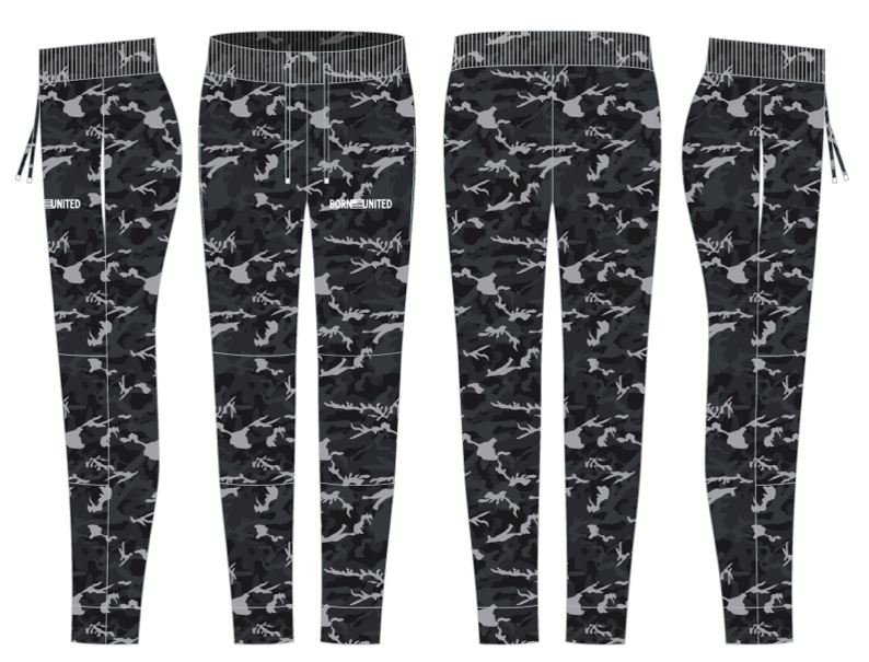 Four views of Born United Private Label Men's Classic Premium Joggers in gunmetal camo, featuring quick-dry fabric, white drawstrings, zipper pockets, “AOMMENTED” text on the left thigh, elastic waistband, and a fitted style—perfect for running.
