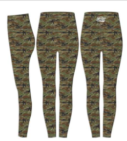 The Performance Leggings | Snipes & Stripes by Tango Charlie Apparel feature high-rise, camouflage-patterned designs in green, brown, and black, shown from side, front, and back views with stylish tummy control.