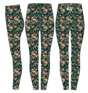 Three pairs of Performance Leggings | Aloha AR by Tango Charlie Apparel in a high rise style, featuring a dark green tropical jungle print with beige skulls and pink flowers, are shown from side, front, and back views.