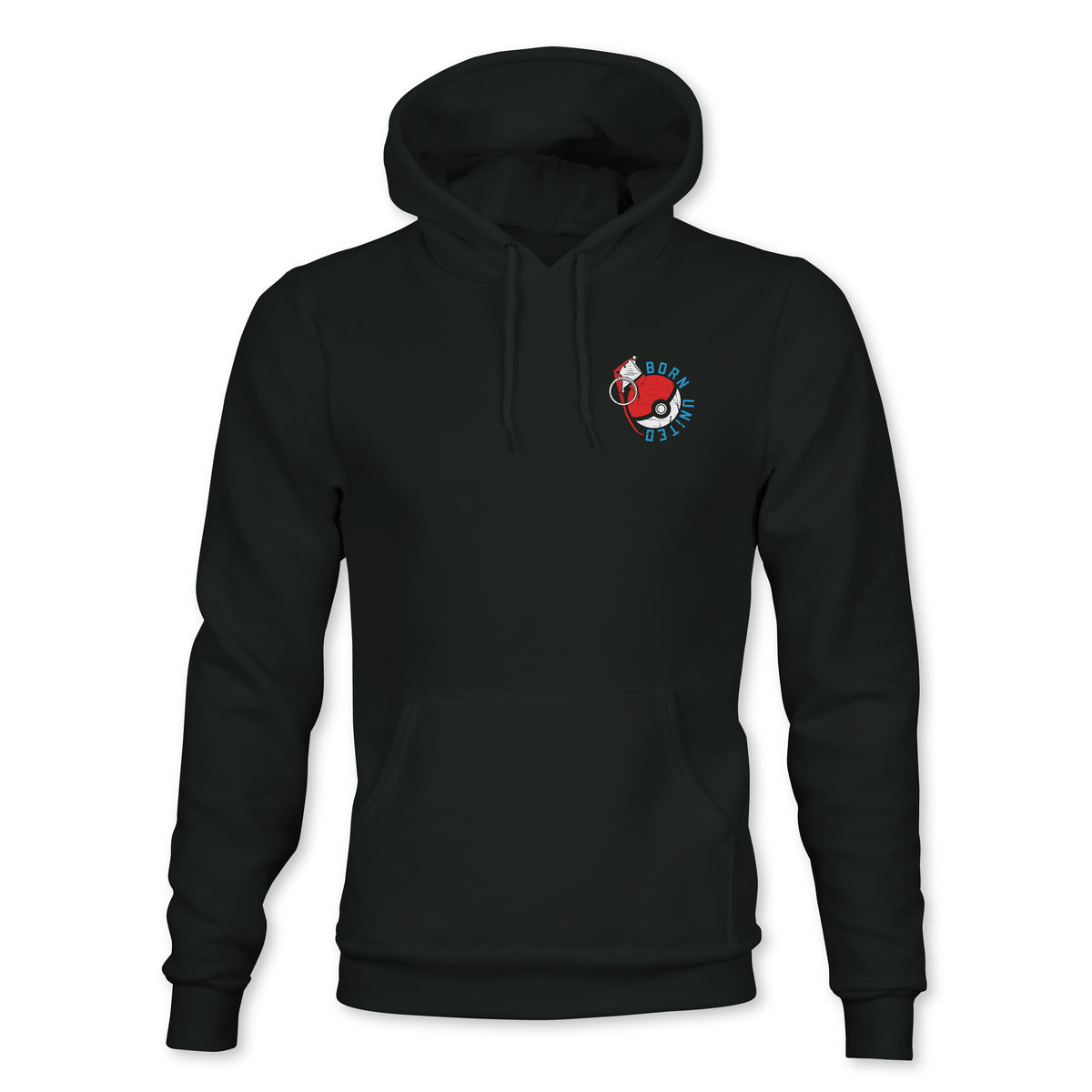 The Born United Private Label Pika Pew Hoodie is a black sweatshirt featuring a small, colorful embroidered patch with a red fish, blue waves, and curved Pika Pew text on the left chest.