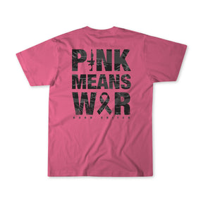 Back of a Pink Means War t-shirt featuring pink fabric with black camo-print text, a rifle silhouette replacing the letter I, and a ribbon replacing the letter A.