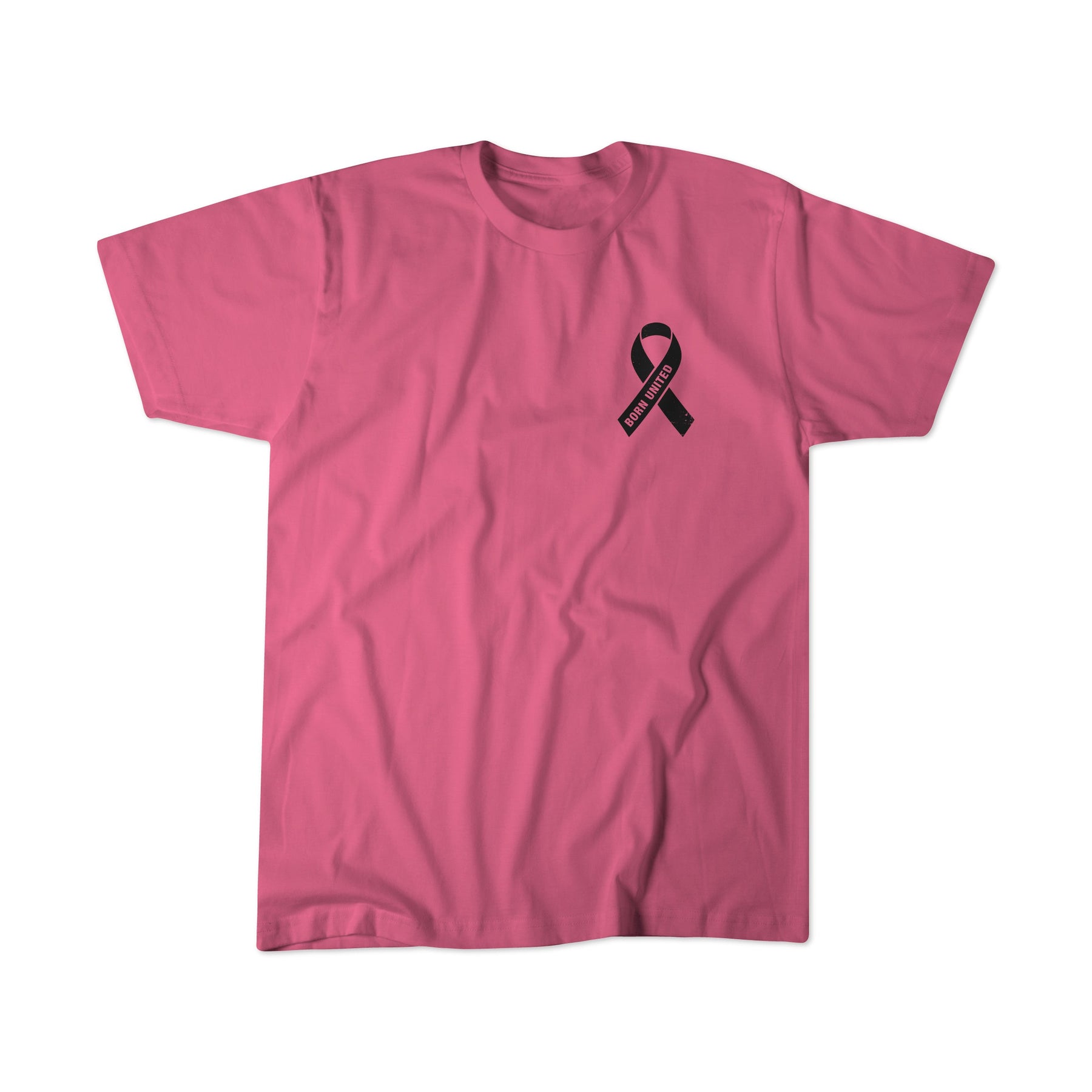 Pink Means War short-sleeved breast cancer awareness t-shirt with a black BORN UNITED ribbon on the left chest.