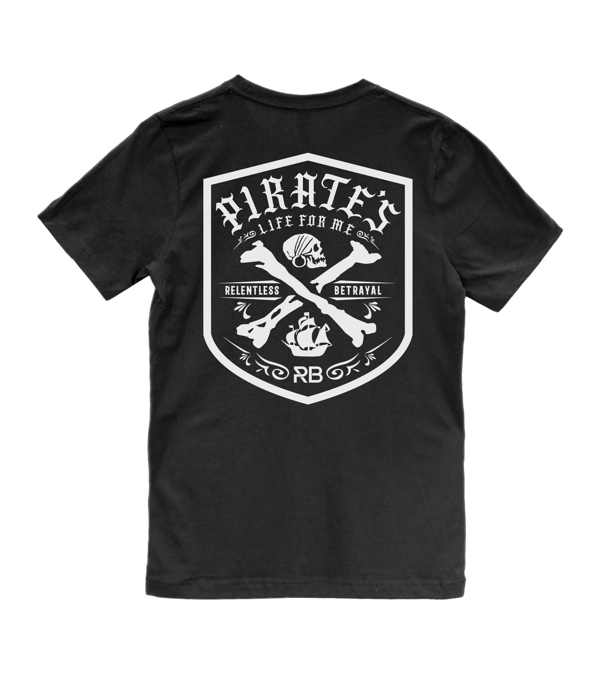 The Youth Pirate’s Life Tee - Black by Relentless Betrayal is a bold black t-shirt featuring a striking white graphic on the back with crossed swords, a skull, and the phrases “Pirates Life For Me,” “Relentless,” “Betrayal,” and “RB.” It’s perfect for anyone embracing an adventurous style and living the true pirate’s life.