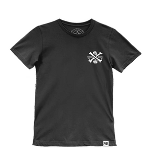 The Youth Pirate’s Life Tee - Black by Relentless Betrayal features a small white crossed oar and wrench graphic on the left chest, embodying the spirit of adventure and the pirate’s life, with a subtle RB tag on the bottom hem for a signature finish.