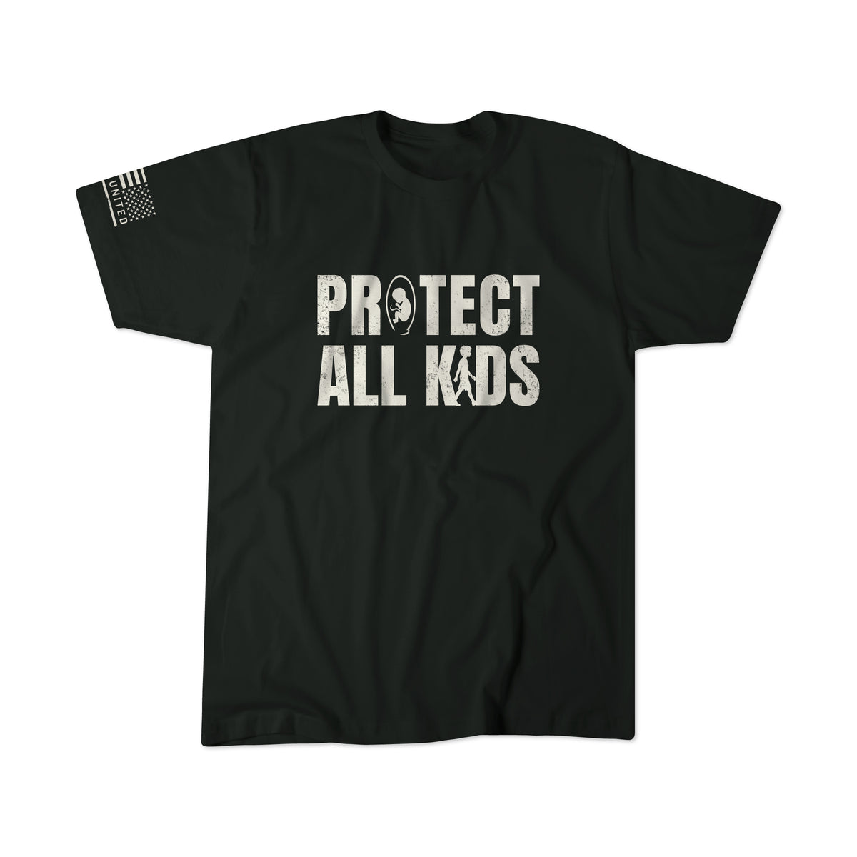 Introducing the Protect All Kids T-shirt from Born United Private Label—a black tee featuring bold white distressed text reading “PROTECT ALL KIDS” with a small helmet graphic inside the letter O to emphasize the importance of protecting children. The sleeve is detailed with an American flag and additional text. Available now for pre-order, with an estimated ship date provided at checkout.