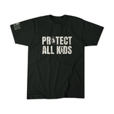 Introducing the Protect All Kids T-shirt from Born United Private Label—a black tee featuring bold white distressed text reading “PROTECT ALL KIDS” with a small helmet graphic inside the letter O to emphasize the importance of protecting children. The sleeve is detailed with an American flag and additional text. Available now for pre-order, with an estimated ship date provided at checkout.