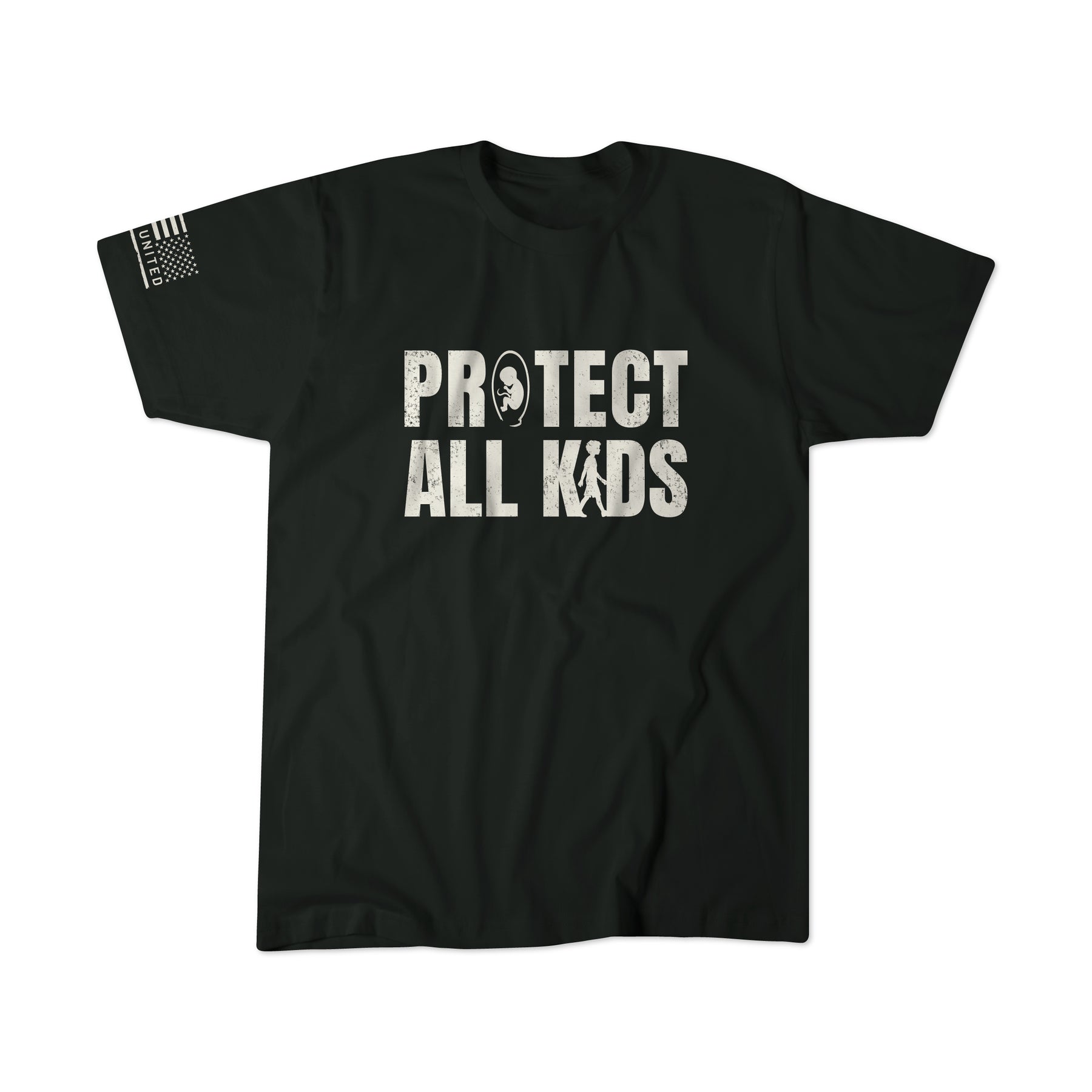 Introducing the Protect All Kids T-shirt from Born United Private Label—a black tee featuring bold white distressed text reading “PROTECT ALL KIDS” with a small helmet graphic inside the letter O to emphasize the importance of protecting children. The sleeve is detailed with an American flag and additional text. Available now for pre-order, with an estimated ship date provided at checkout.