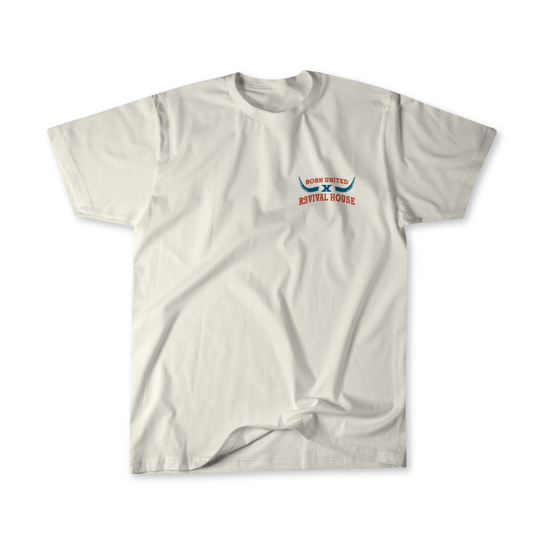 The Revival House Premium Tee by Born United Private Label is a white short-sleeve shirt featuring a small red and orange Books United x Revival House text logo on the left chest. Designed to celebrate the spirit of R3VIVAL Ranch, this Christian apparel piece beautifully blends style and faith. The shirt is displayed laid flat on a white background.