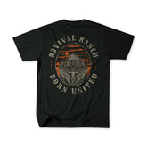 The Revival Ranch Premium Tee from Born United Private Label features a black base with a graphic of a barn and sunset framed by distressed "Revival Ranch Born United" text on the back. This Christian apparel piece seamlessly combines rustic appeal with faith-inspired ranch design.
