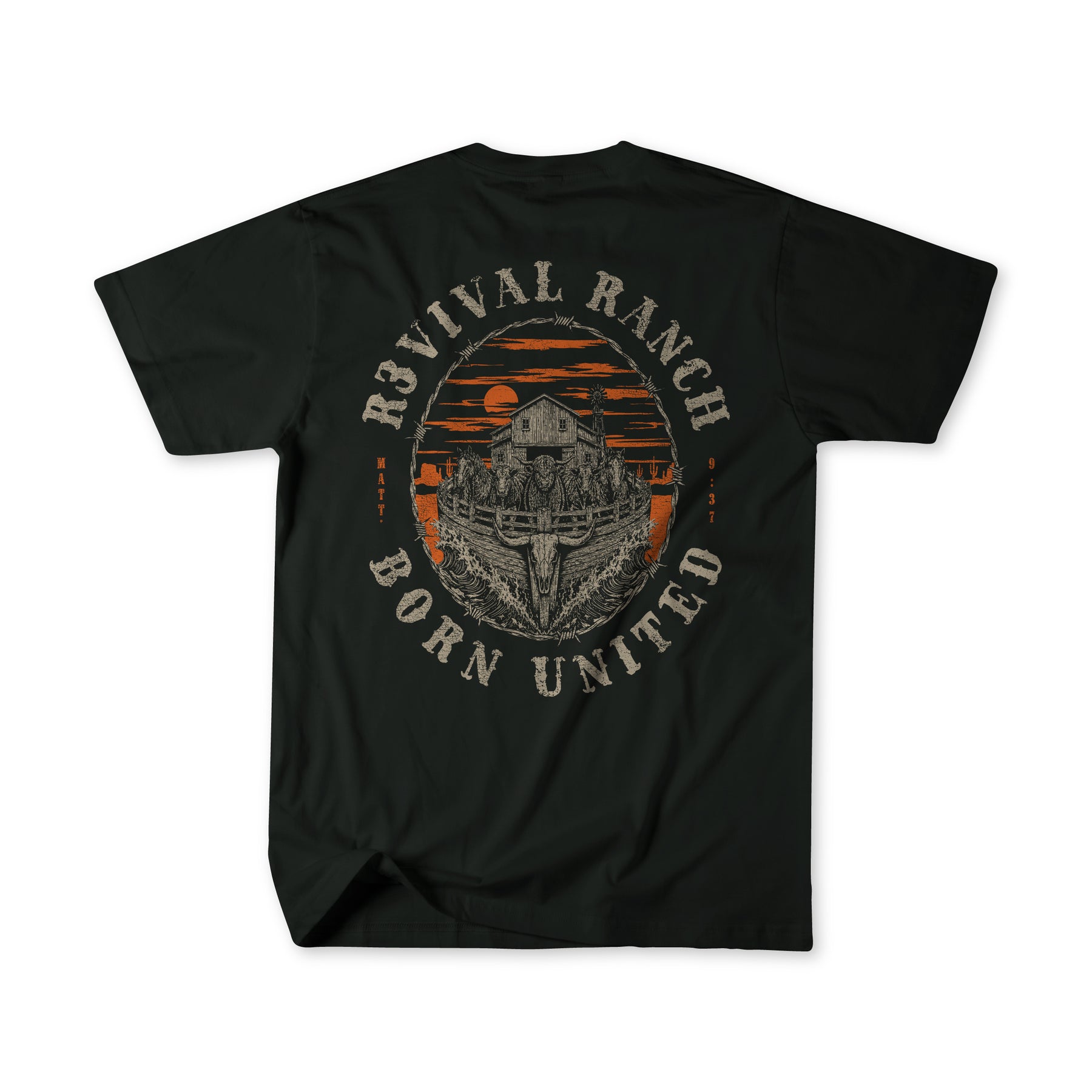The Revival Ranch Premium Tee from Born United Private Label features a black base with a graphic of a barn and sunset framed by distressed "Revival Ranch Born United" text on the back. This Christian apparel piece seamlessly combines rustic appeal with faith-inspired ranch design.