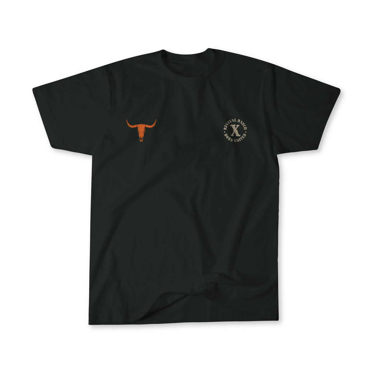 Introducing the Revival Ranch Premium Tee by Born United Private Label—a black T-shirt featuring an orange longhorn skull graphic on the left chest and a circular R3VIVAL Ranch logo with text and an X on the right chest, ideal for anyone seeking Christian apparel that embodies the spirit of a faith-based ranch.