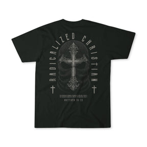 Certainly! Here is a revised sentence using your product data: The 13th Radicalized Christian Premium Tee is a black T-shirt featuring a graphic of a mask and ornate cross, with the Bible verse Matthew 16:25 and the phrase “Radicalized Christian” displayed on the back—a striking reminder that whoever wants to save his life will lose it.