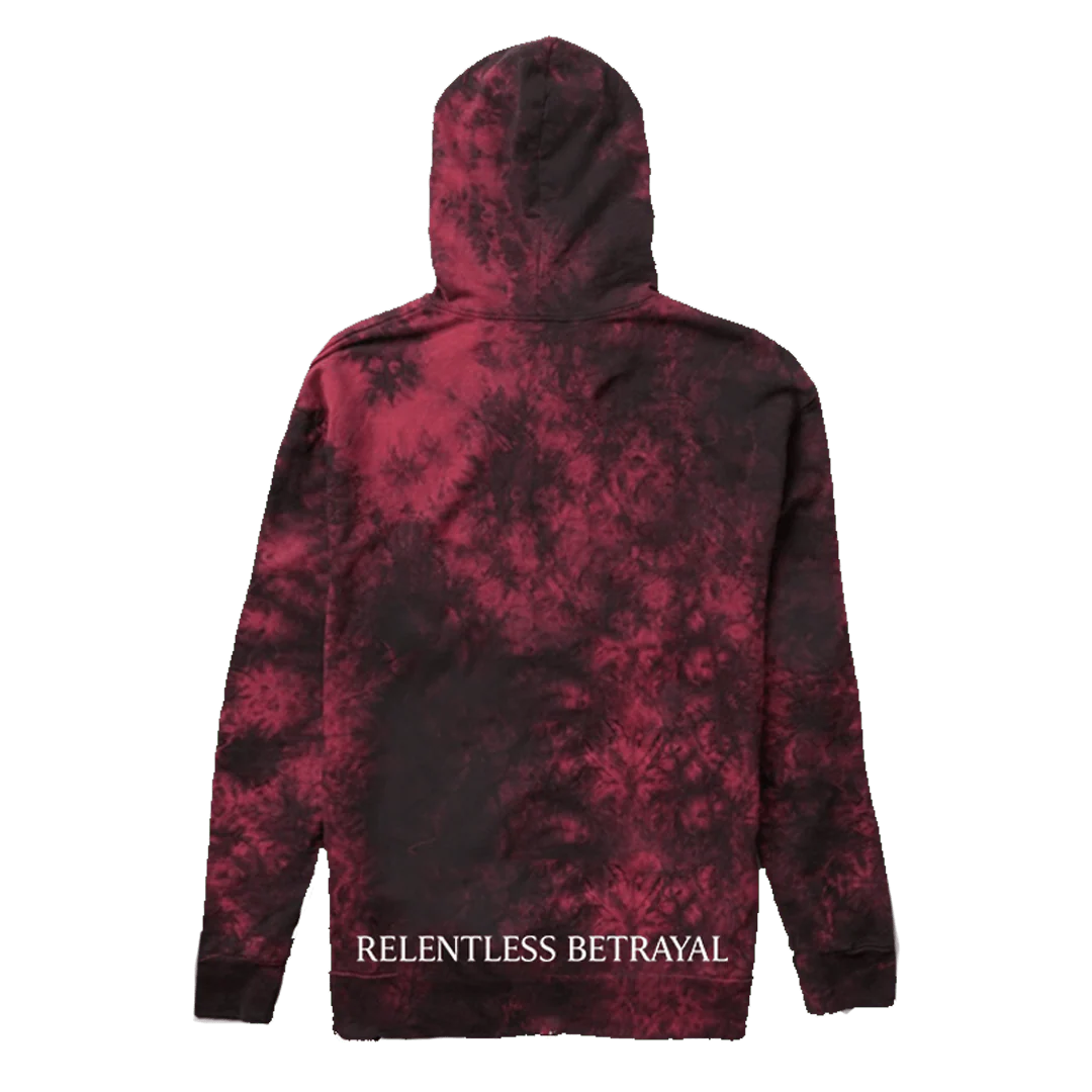 A black and dark red tie-dye Youth Trustless Chief Hoodie by Relentless Betrayal, shown from the back with the hood up, features "RELENTLESS BETRAYAL" printed in white near the bottom hem.