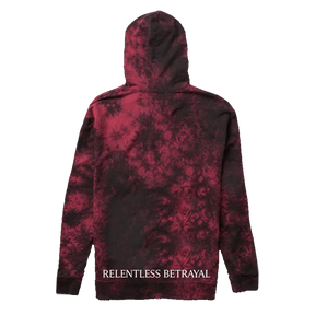 A black and dark red tie-dye Youth Trustless Chief Hoodie by Relentless Betrayal, shown from the back with the hood up, features "RELENTLESS BETRAYAL" printed in white near the bottom hem.
