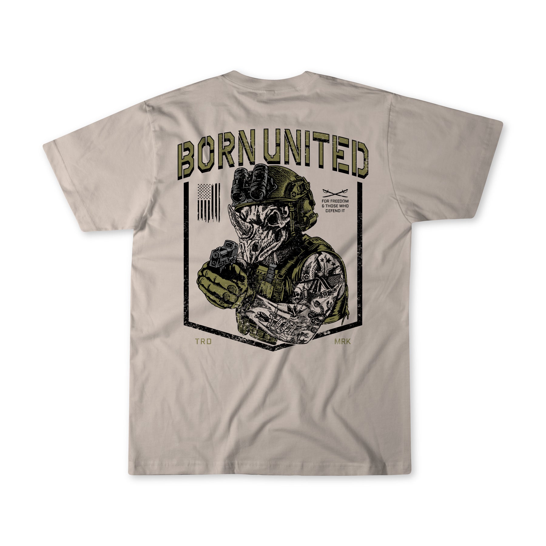The Born United Private Label "Born United Black Box - TactiRhino" tee features a tactical soldier graphic with BORN UNITED above, a small American flag, and crossed rifles. Part of our Limited Edition Tee collection.