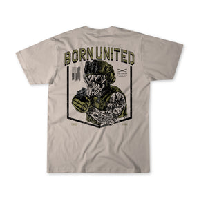 The Born United Private Label "Born United Black Box - TactiRhino" tee features a tactical soldier graphic with BORN UNITED above, a small American flag, and crossed rifles. Part of our Limited Edition Tee collection.