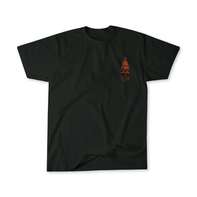 The 13th Samson Premium Tee features a small stylized red graphic and B3H text with abstract shapes on the upper left chest, while the rest of this faith-inspired shirt remains plain.