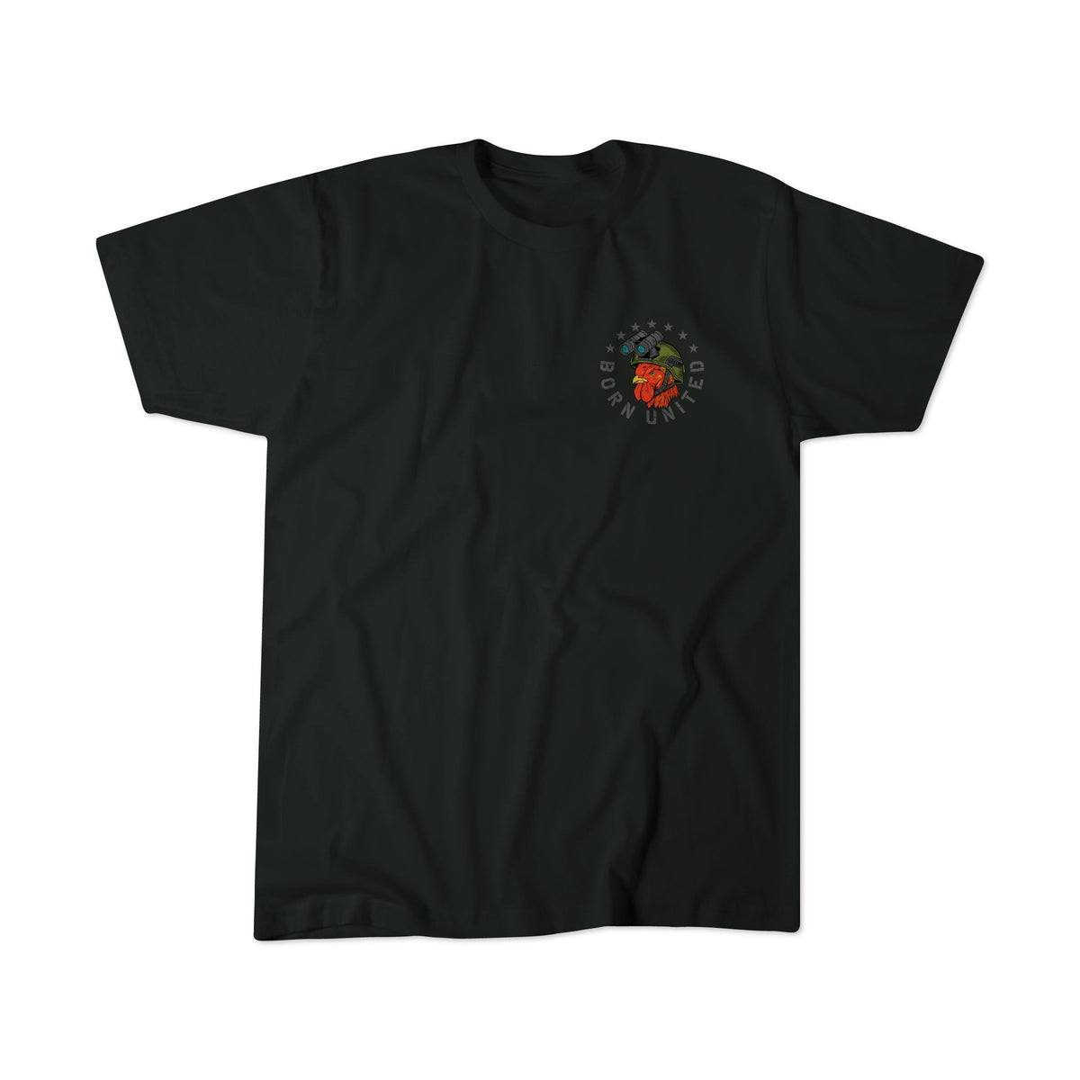 Battle Bird by Born United Private Label: Black T-shirt in a soft 60/40 blend, featuring a small left chest emblem with a red rose, green leaves, BORN UNITED text, and five white stars.