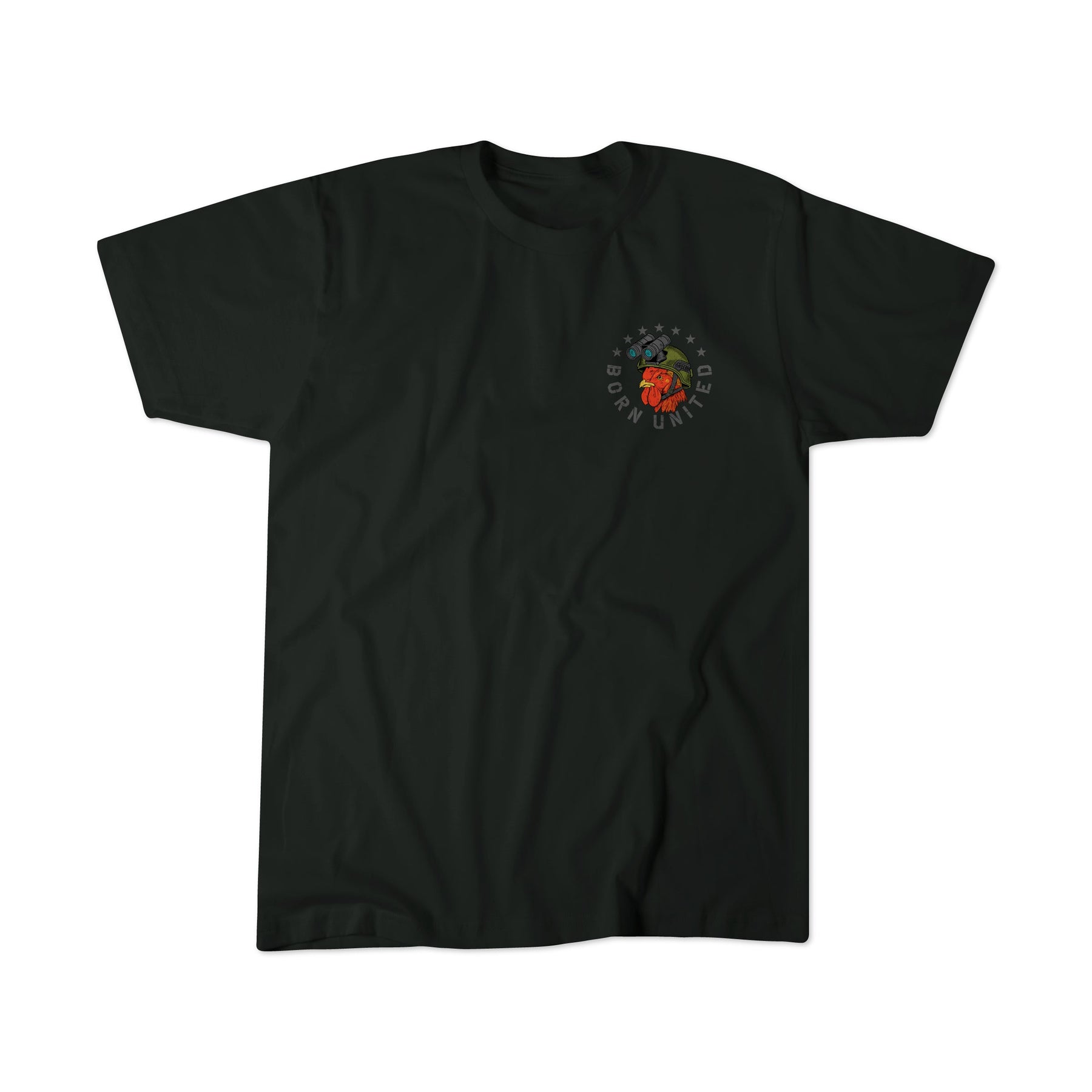 Battle Bird by Born United Private Label: Black T-shirt in a soft 60/40 blend, featuring a small left chest emblem with a red rose, green leaves, BORN UNITED text, and five white stars.