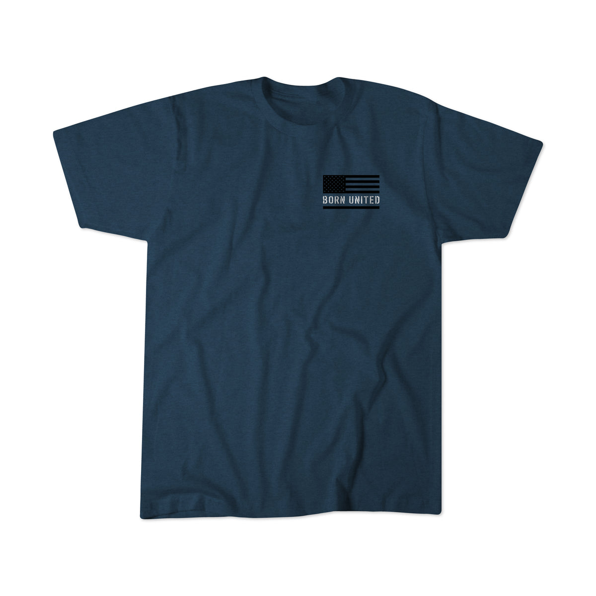 A Dark Heather Blue Saints and Sinners - Zero Dark Edition tee by Born United Private Label, with a small black-and-white American flag and BORN UNITED on the left chest, laid flat on a white background.