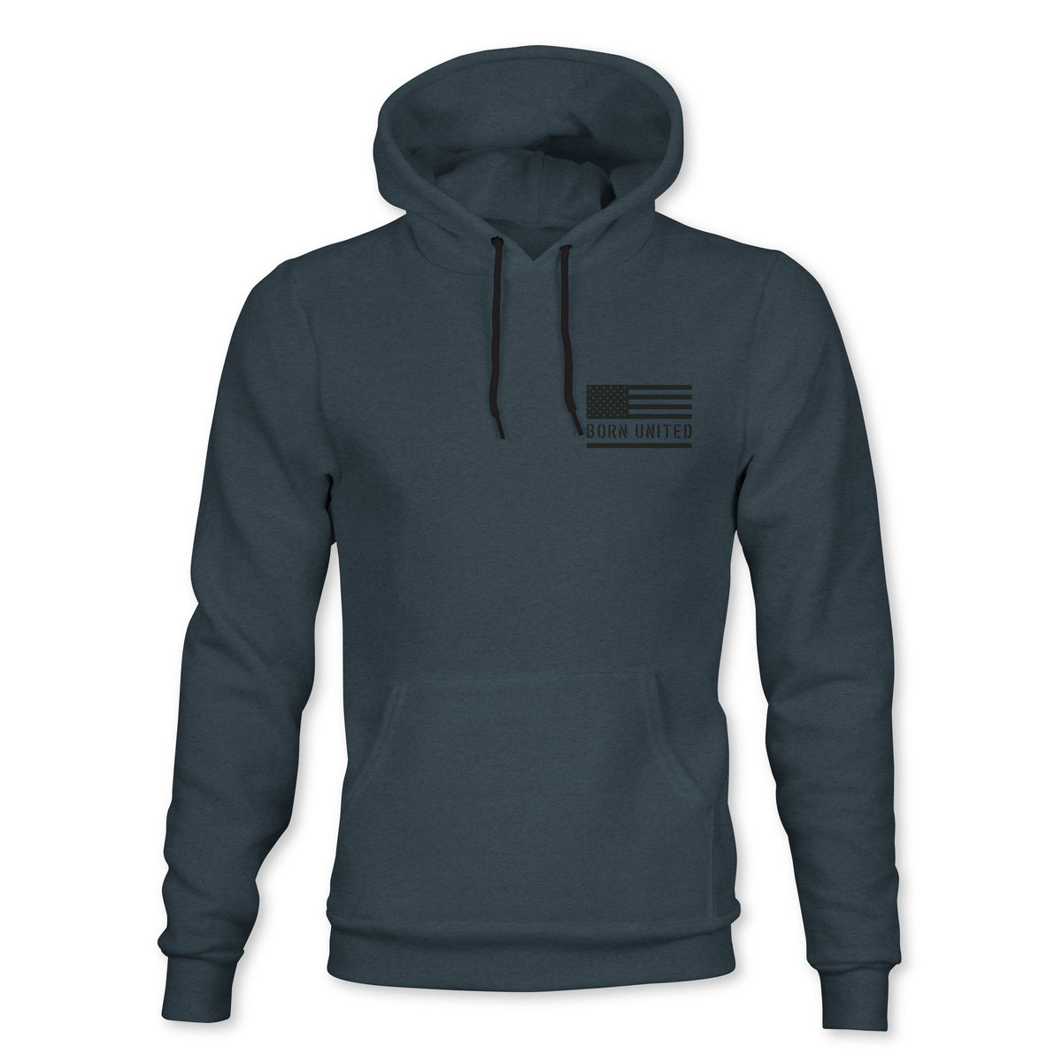 The Saints and Sinners Hoodie - Zero Dark Edition by Born United Private Label is a dark blue hoodie with black drawstrings, a front pocket, and features a small black flag graphic with BORN UNITED on the left chest.