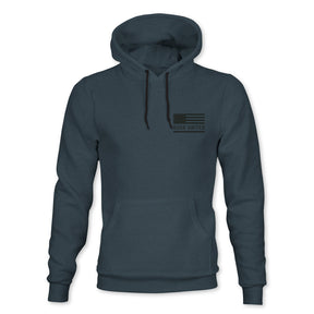 The Saints and Sinners Hoodie - Zero Dark Edition by Born United Private Label is a dark blue hoodie with black drawstrings, a front pocket, and features a small black flag graphic with BORN UNITED on the left chest.