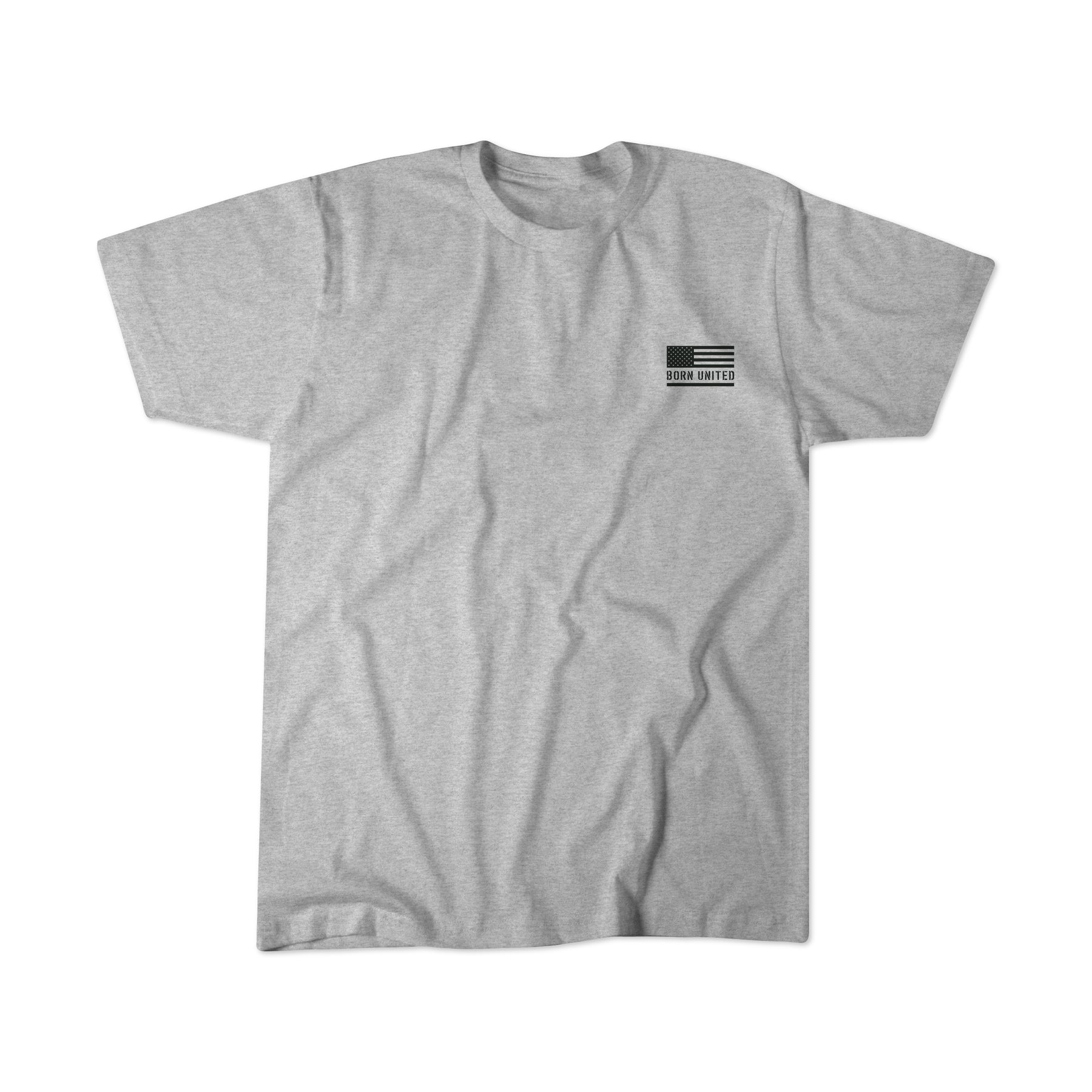 The Saints and Sinners Tee - Heather Gray by Born United Private Label is a short-sleeve T-shirt featuring a small black and white rectangular flag logo with text on the upper left chest, thoughtfully laid flat against a white background.