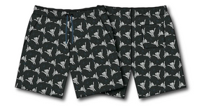 The Mens Performance Athletic Shorts | 5.5- Sink or Swim by Relentless Betrayal are dark shorts with a white palm leaf pattern and a drawstring waist. Displayed from both front and back views, they have a right-side pocket for convenience.
