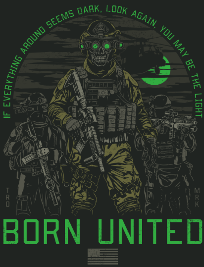 Three armed soldiers in tactical gear stand under night vision, with the text "If everything around seems dark, look again—you may be the light" and "Light in the Darkness Challenge Coin by Born United Private Label" boldly displayed below.