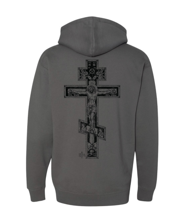 Paid in Full Premium Hoodie by 13th—gray with a detailed black Jesus on the cross and religious iconography symbolizing faith and redemption on the back.