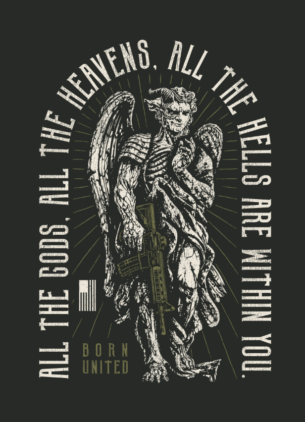 Introducing the Heavens and Hells V2 PVC Patch by Born United Private Label—a striking 3-inch 3D patch featuring a winged, horned figure holding a rifle and surrounded by the words “All the gods, all the heavens, all the hells are within you.” The phrase “Born United” appears at the bottom. This durable PVC patch includes Velcro backing for easy attachment.