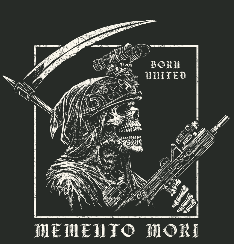 Showcasing a skeletal soldier clad in tactical gear wielding both a rifle and scythe, the Memento Mori PVC Patch from Born United Private Label features the phrases “Born United” and “Memento Mori.” Crafted from robust 3D PVC and measuring 3 inches, this Velcro-backed patch makes a bold addition to any gear collection.