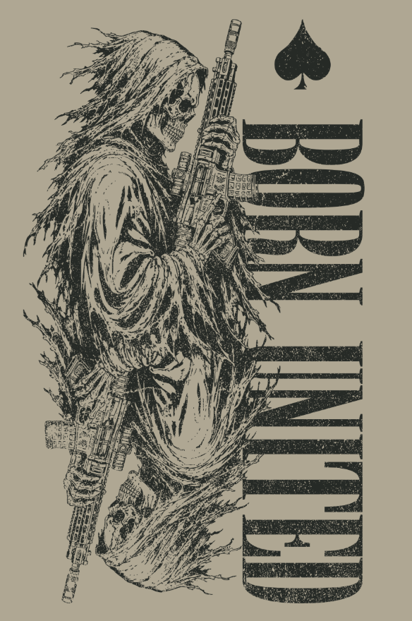 Expertly crafted as a 3-inch Velcro patch for easy attachment to your gear, the Death Card PVC Patch by Born United Private Label features a hooded skeleton holding a rifle beside bold, vertical “BORN UNITED” text with a spade symbol above.