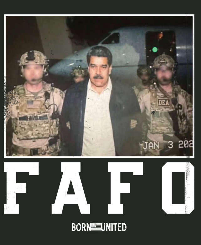 Featuring a powerful image of a man in handcuffs escorted by masked soldiers in tactical gear—with “FAFO” and “BORN UNITED” emblazoned below—the FAFO - Maduro PVC Patch from Born United Private Label measures 3 inches and includes Velcro backing, making it an eye-catching addition to your tactical collection.