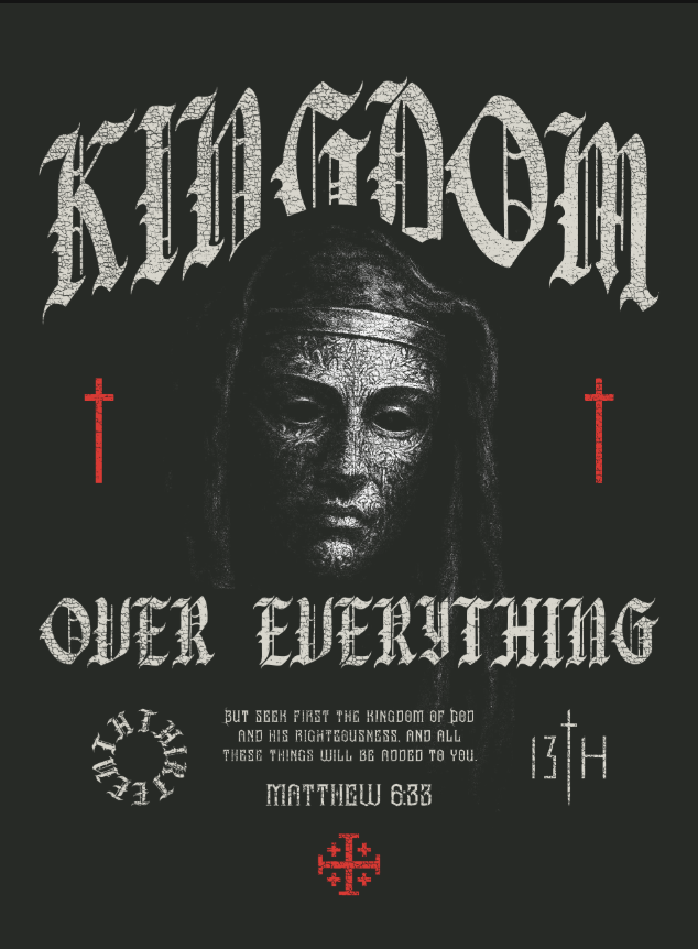 The 13th Kingdom Over Everything PVC Patch features a detailed black 3x3-inch graphic with a grayscale depiction of Jesus’s face, bold red crosses, and gothic lettering proclaiming “KINGDOM OVER EVERYTHING” alongside the scripture reference Matthew 6:33. Religious motifs and intricate design are showcased on this Velcro-backed patch.