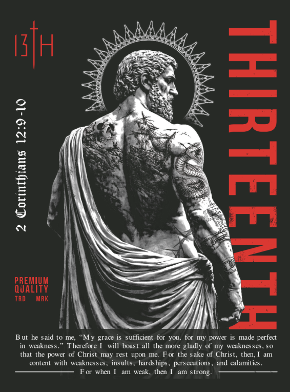 A grayscale statue of a muscular, tattooed man stands before a dark background, with bold red “THIRTEENTH” text overhead and the Bible verse 2 Corinthians 12:9-10 displayed on the left. This striking design, titled the Saint Paul PVC Patch by 13th, measures 3 inches and features a Velcro tear-away backing for easy attachment and removal.
