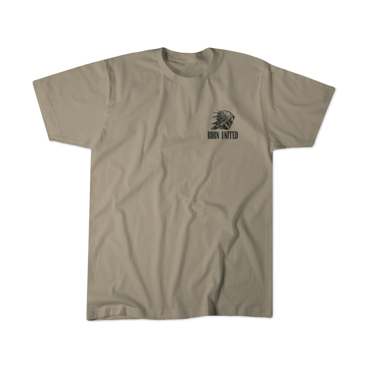 Khaki-colored “Death Card” T-shirt from Born United Private Label, featuring a small black lion head graphic and the text “BORN UNITED” on the left chest, inspired by wartime symbolism for a subtle touch of dark fashion.