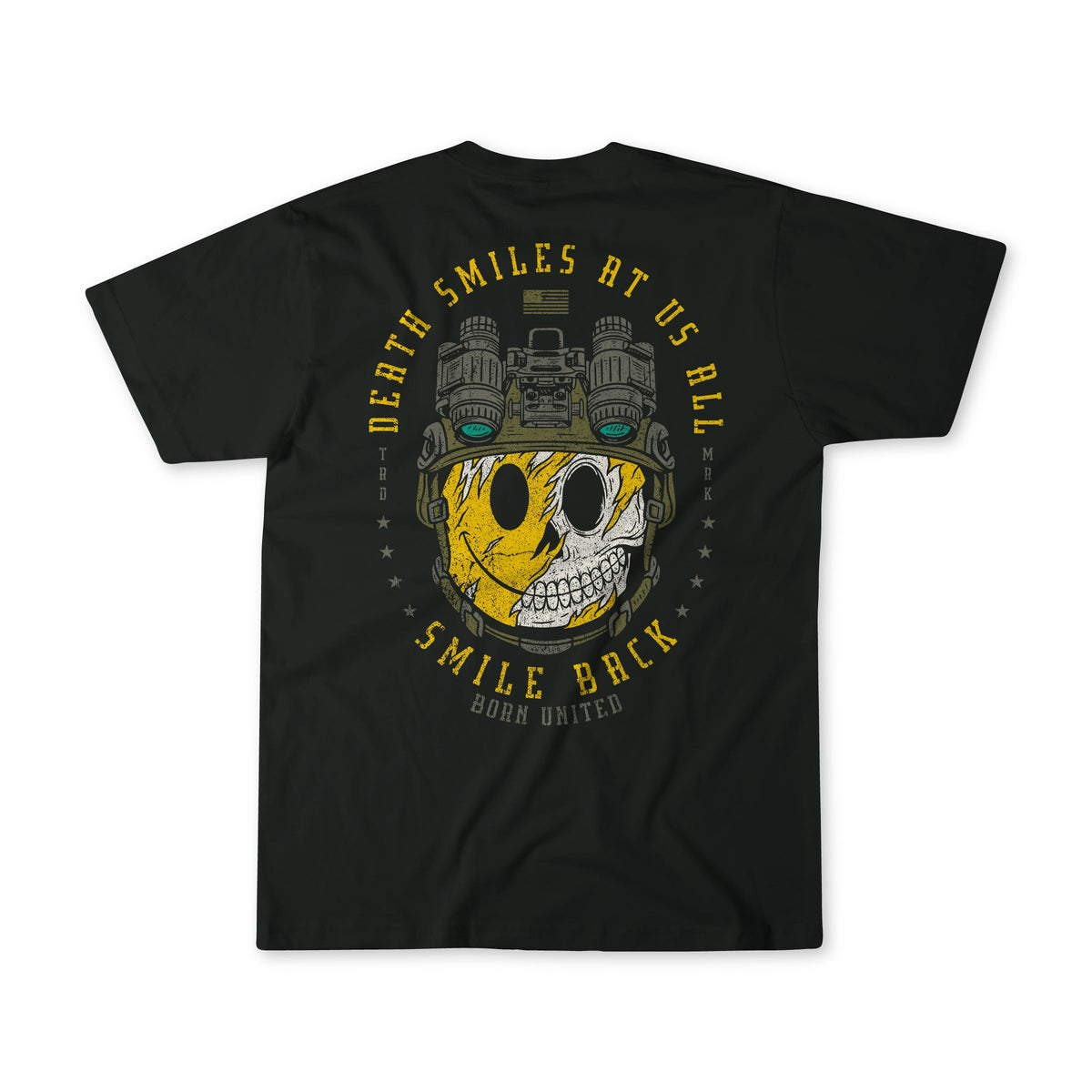 The Smile Back t-shirt from Born United Private Label features a graphic half-yellow, half-white skull in night vision goggles, bold “Death smiles at us all, smile back” text, star accents, and delivers a stoic philosophy-inspired look.