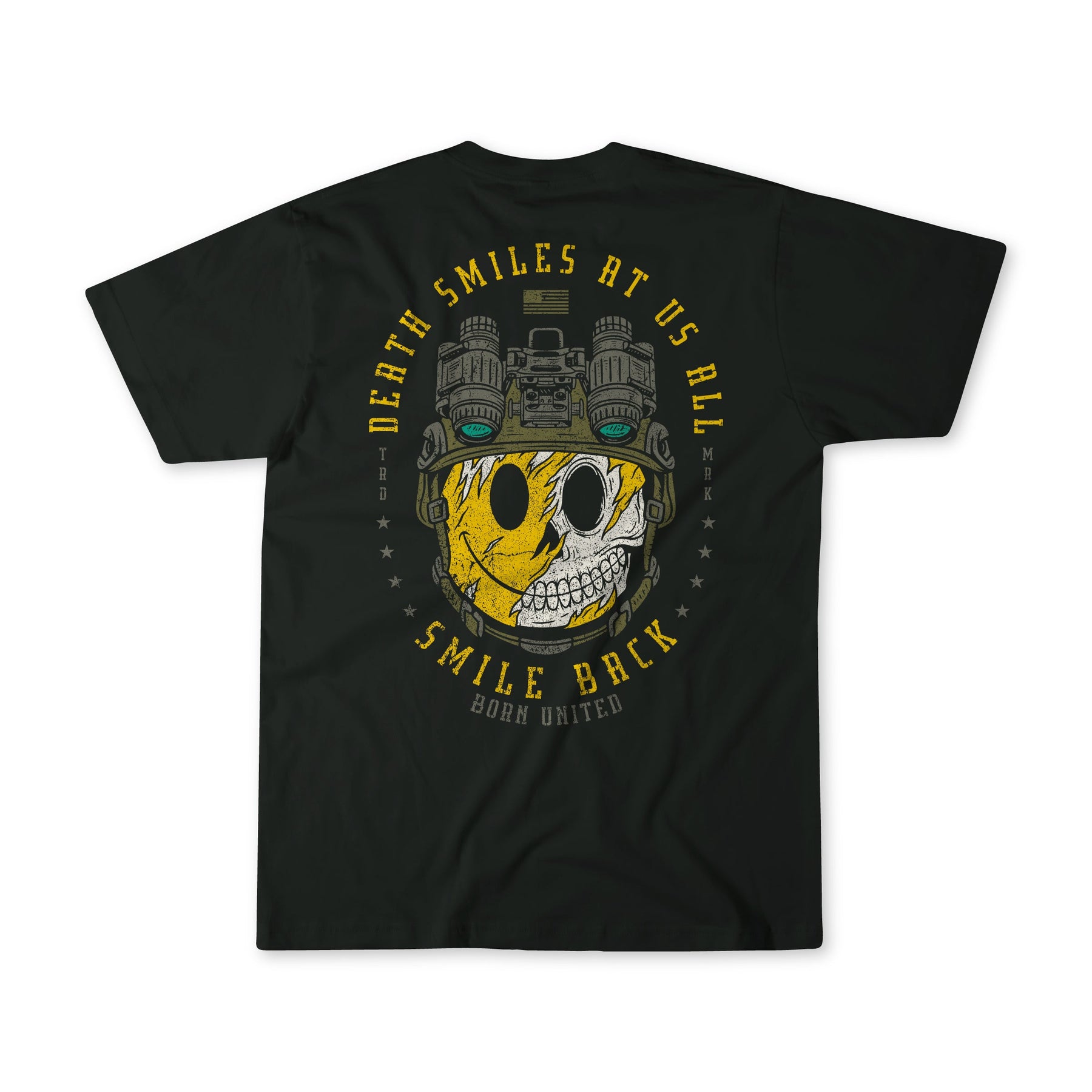 The Smile Back t-shirt from Born United Private Label features a graphic half-yellow, half-white skull in night vision goggles, bold “Death smiles at us all, smile back” text, star accents, and delivers a stoic philosophy-inspired look.