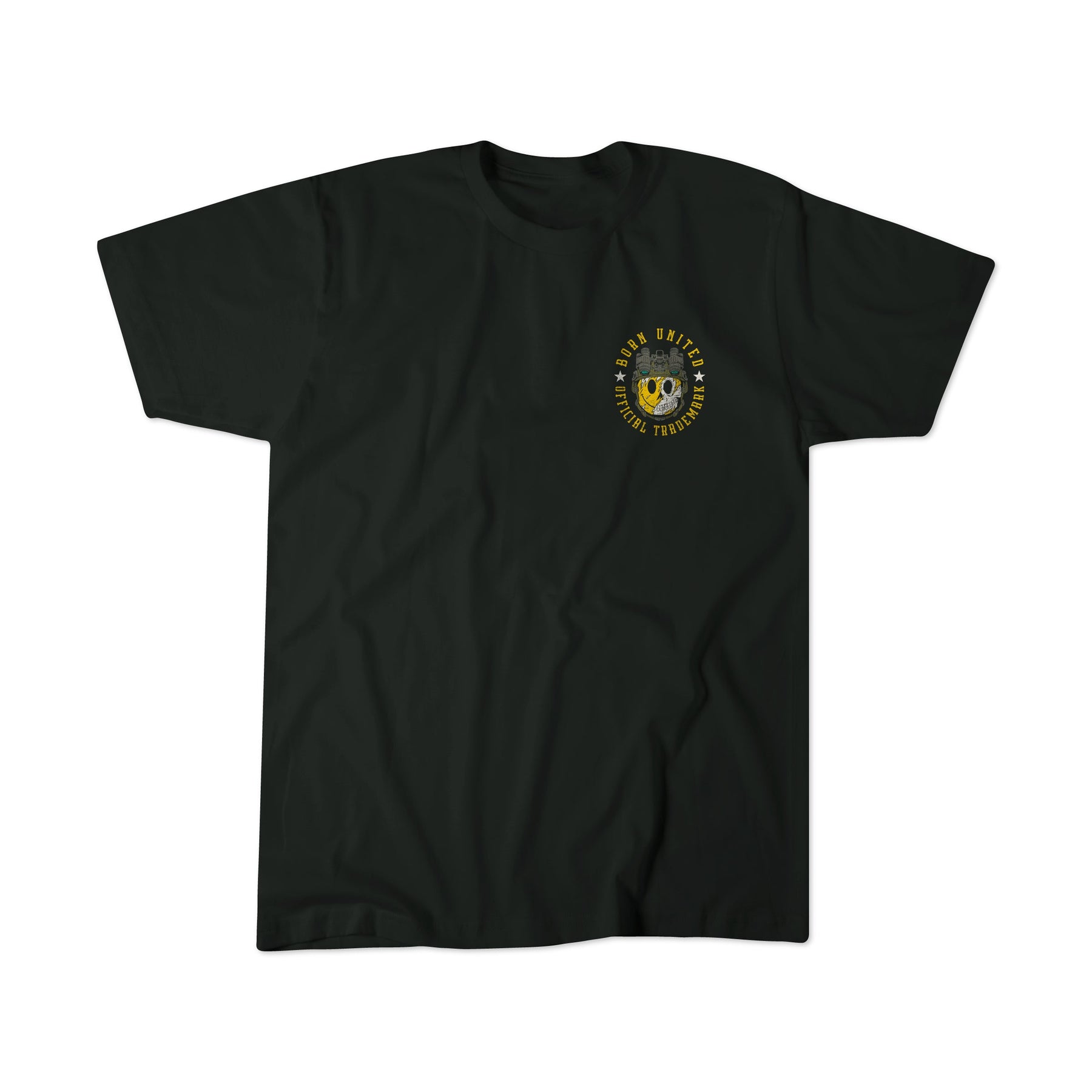 Black "Smile Back" T-shirt from Born United Private Label features a small yellow and white circular emblem with eagle motif and "United States Technical Training" on the left chest. Perfect for everyday wear. Displayed flat on white background.