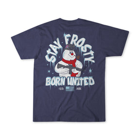 The Stay Frosty navy blue tee by Born United Private Label features a patriotic snowman with sunglasses, red scarf, purple earmuffs, and toy gun. Retro design reads "STAY FROSTY BORN UNITED" with icy holiday accents.