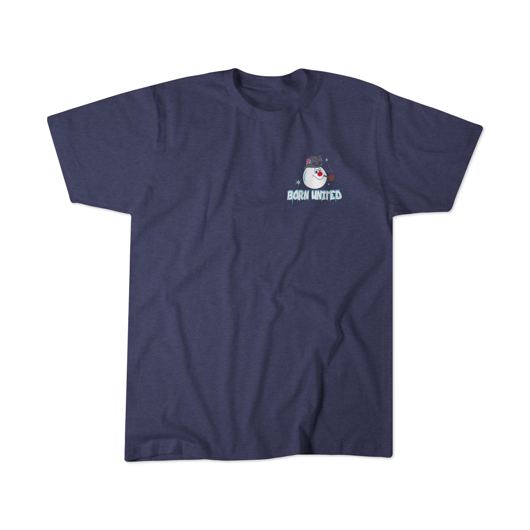 A navy blue retro tee from Born United Private Label, called Stay Frosty, features a small left chest graphic of a happy cartoon shark and the text BORN UNITED.